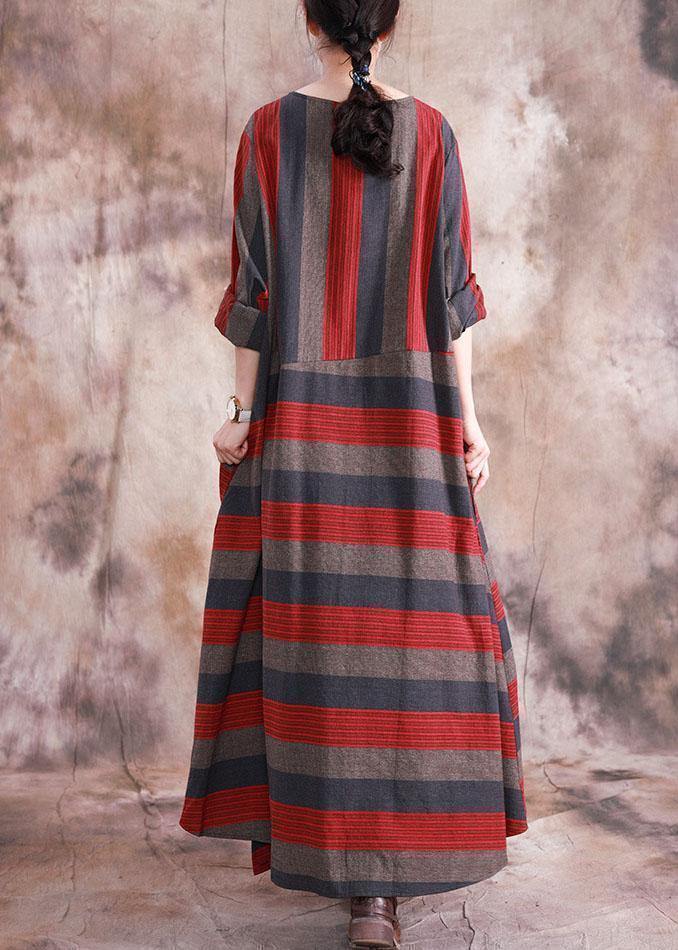 Art asymmetric linen dresses Catwalk red striped patchwork Dress fall - bagstylebliss