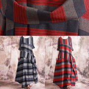 Art asymmetric linen dresses Catwalk red striped patchwork Dress fall - bagstylebliss