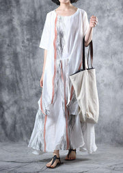 Art asymmetric linen summer Robes Wardrobes white Dresses - bagstylebliss