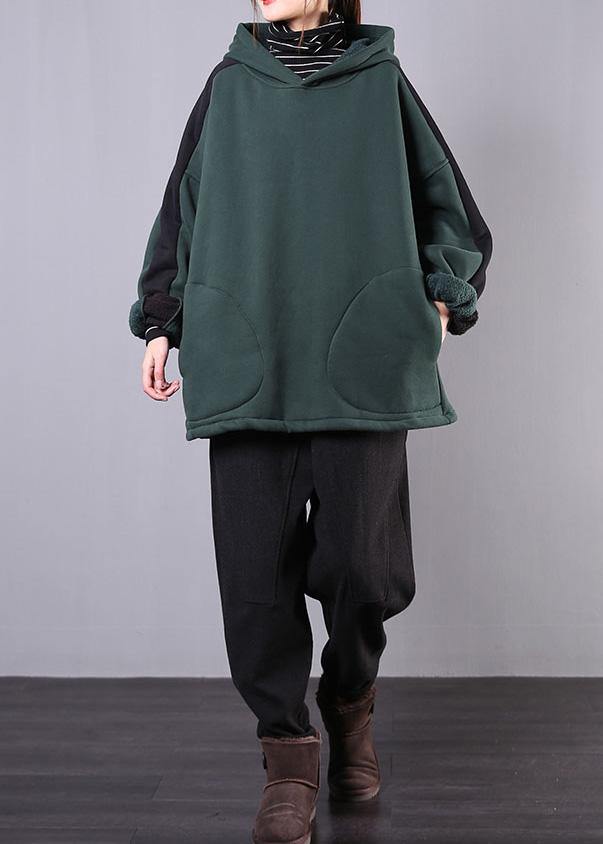 Art blackish green cotton Blouse hooded patchwork Midi fall blouse - bagstylebliss
