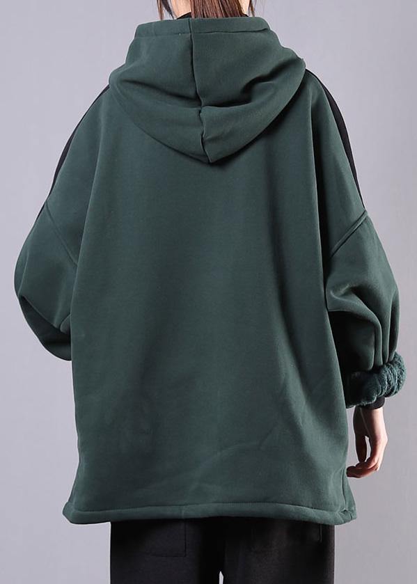 Art blackish green cotton Blouse hooded patchwork Midi fall blouse - bagstylebliss