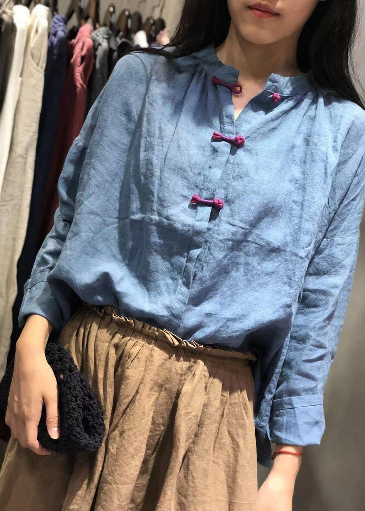 Art blue linen Blouse Chinese Button silhouette fall shirt - bagstylebliss