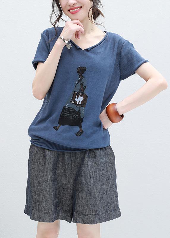 Art blue short sleeve cotton Blouse Cartoon print oversized summer shirts - bagstylebliss