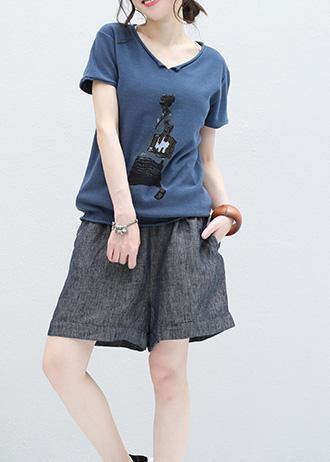 Art blue short sleeve cotton Blouse Cartoon print oversized summer shirts - bagstylebliss