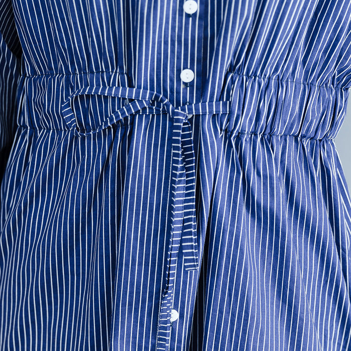 Kunstblau gestreifte Kranichoberteile aus Baumwolle Lässiges Muster Umlegekragen Kleider Blusen