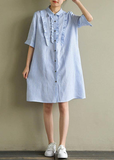 Art blue striped linen lapel half sleeve summer Dress - bagstylebliss