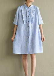 Art blue striped linen lapel half sleeve summer Dress - bagstylebliss