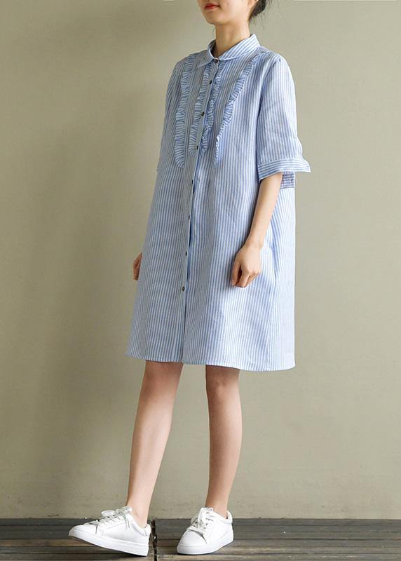 Art blue striped linen lapel half sleeve summer Dress - bagstylebliss