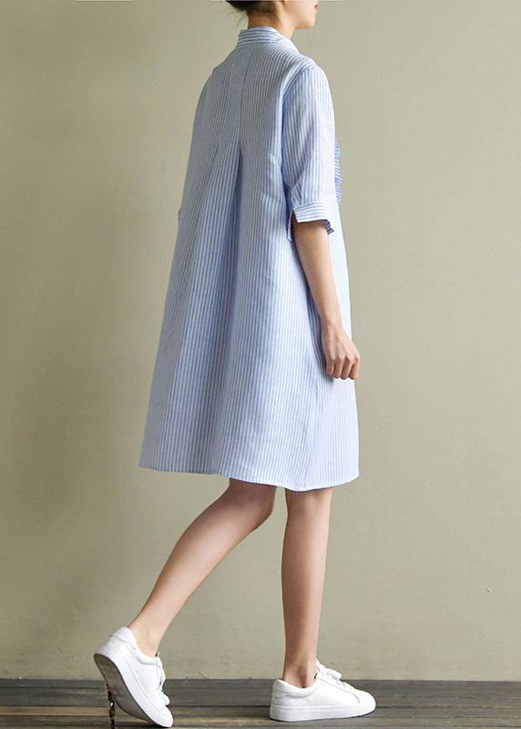 Art blue striped linen lapel half sleeve summer Dress - bagstylebliss