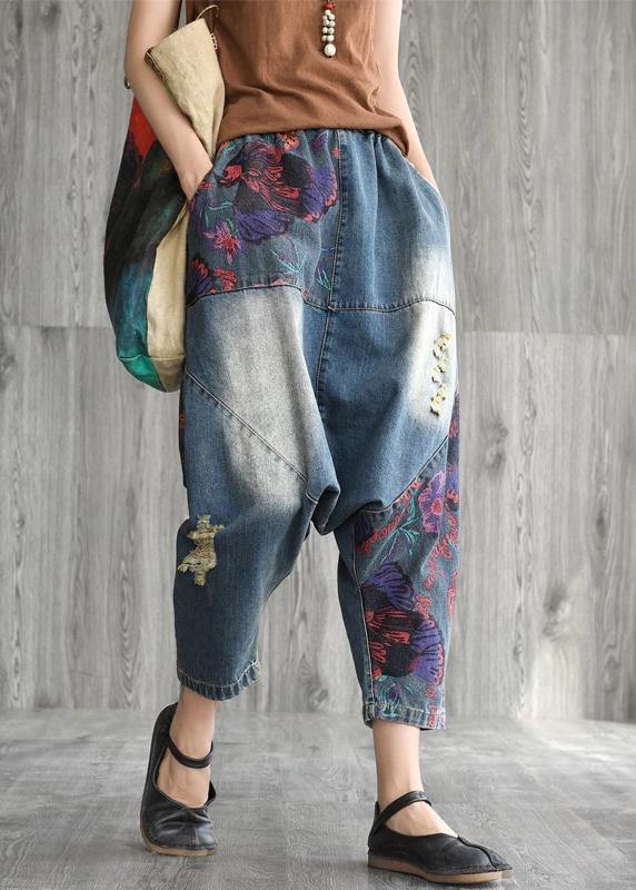 Art cotton clothes Women Casual Printed Frayed Low Crotch Jeans - bagstylebliss