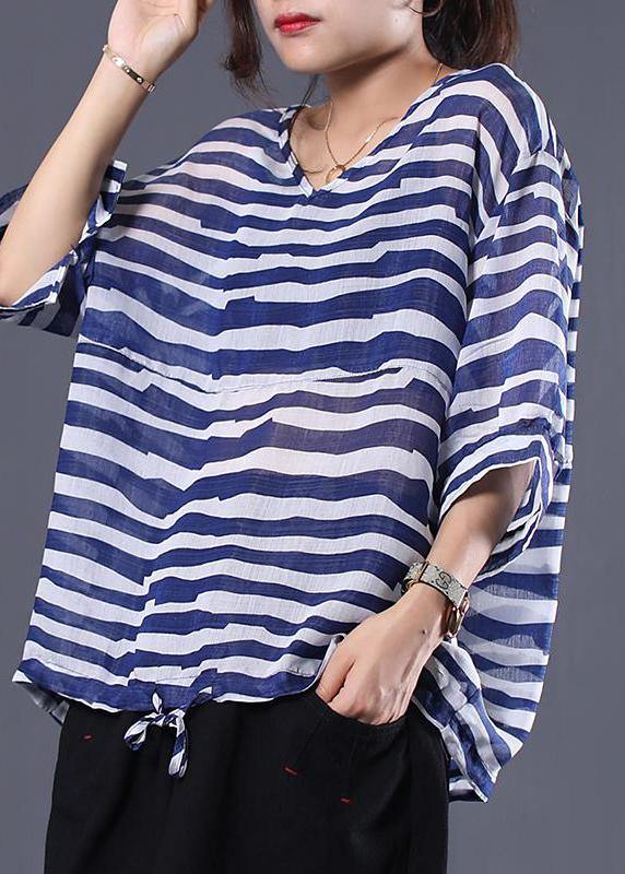 Art cotton shirts women plus size Adjustable Waist Stripes Casual Loose Blouse - bagstylebliss