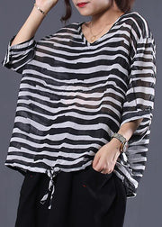 Art cotton shirts women plus size Adjustable Waist Stripes Casual Loose Blouse - bagstylebliss