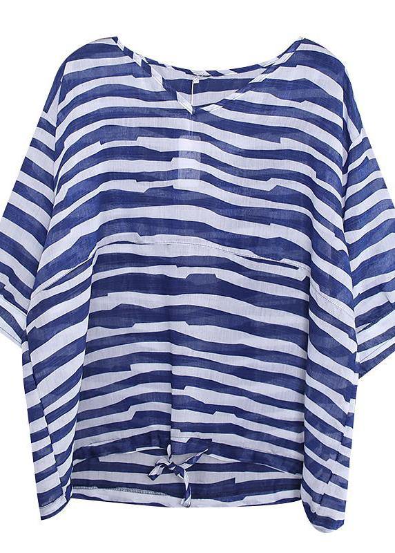 Art cotton shirts women plus size Adjustable Waist Stripes Casual Loose Blouse - bagstylebliss