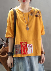 Art cotton tunic top Pakistani Summer yellow Loose Retro Ripped Hole Embroidery T-Shirt - bagstylebliss