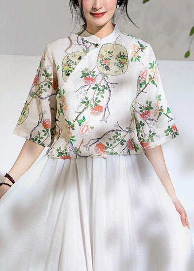 Art floral linen blouses for women half sleeve oversized stand collar shirts - bagstylebliss