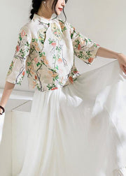 Art floral linen blouses for women half sleeve oversized stand collar shirts - bagstylebliss