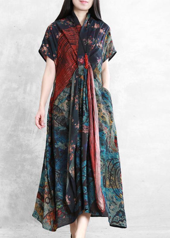 Art floral linen dresses v neck asymmetric robes Dresses - bagstylebliss