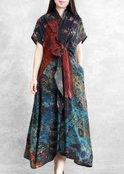 Art floral linen dresses v neck asymmetric robes Dresses - bagstylebliss