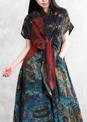 Art floral linen dresses v neck asymmetric robes Dresses - bagstylebliss