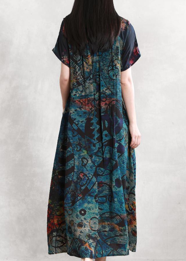 Art floral linen dresses v neck asymmetric robes Dresses - bagstylebliss