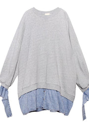 Art gray Blouse o neck false two pieces oversized blouses - bagstylebliss