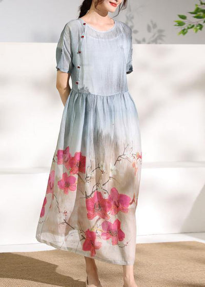 Art gray print linen dresses o neck patchwork Dresses - bagstylebliss
