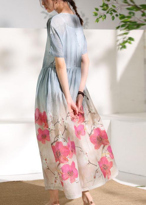 Art gray print linen dresses o neck patchwork Dresses - bagstylebliss