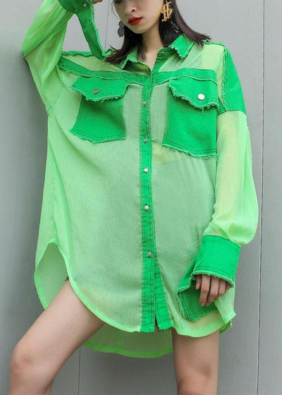 Art green chiffon patchwork tops women blouses big pockets tunic summer blouses - bagstylebliss