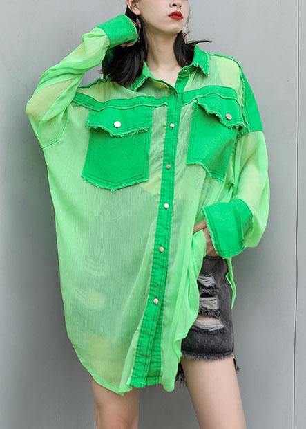 Art green chiffon patchwork tops women blouses big pockets tunic summer blouses - bagstylebliss