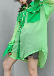 Art green chiffon patchwork tops women blouses big pockets tunic summer blouses - bagstylebliss