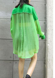 Art green chiffon patchwork tops women blouses big pockets tunic summer blouses - bagstylebliss