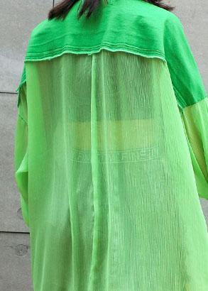 Art green chiffon patchwork tops women blouses big pockets tunic summer blouses - bagstylebliss