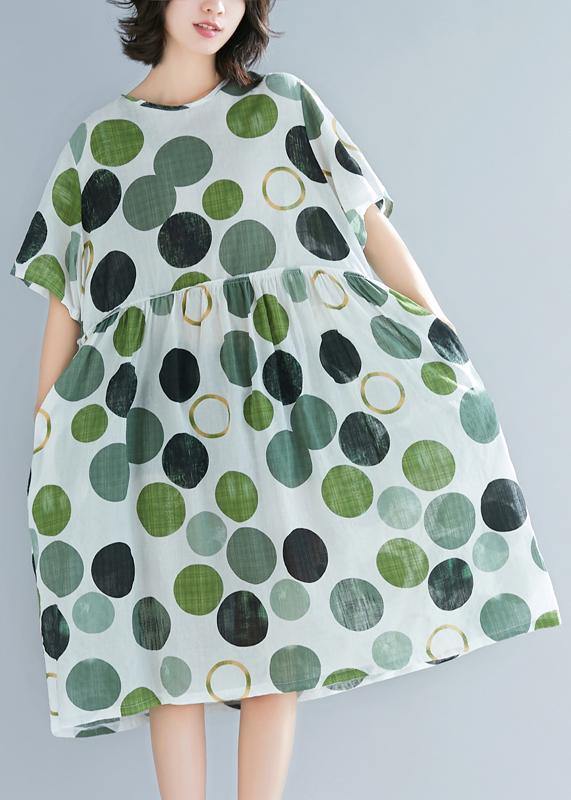 Art green dotted linen plus size Catwalk o neck short sleeve baggy Summer Dresses - bagstylebliss
