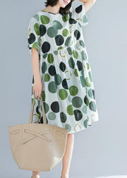 Art green dotted linen plus size Catwalk o neck short sleeve baggy Summer Dresses - bagstylebliss