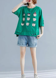 Art green prints cotton clothes o neck Hole Midi summer shirt - bagstylebliss