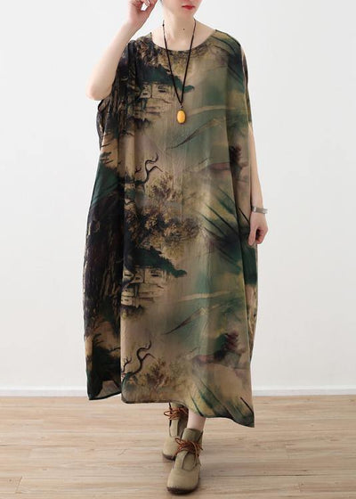 Art green prints silk clothes Omychic Fashion Ideas o neck long summer Dresses - bagstylebliss
