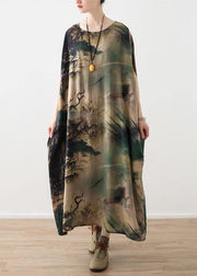 Art green prints silk clothes Omychic Fashion Ideas o neck long summer Dresses - bagstylebliss