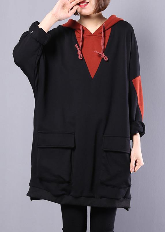 Art hooded cotton clothes For Women Work black patchwork blouse autumn - bagstylebliss