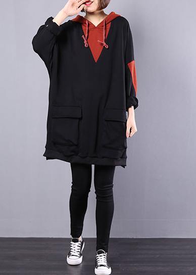 Art hooded cotton clothes For Women Work black patchwork blouse autumn - bagstylebliss