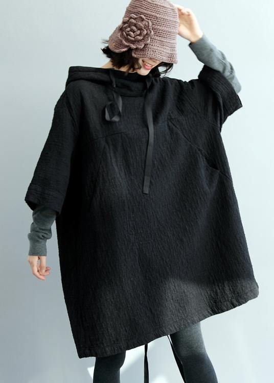 Art hooded pockets fall tunic pattern Tops black blouses - bagstylebliss