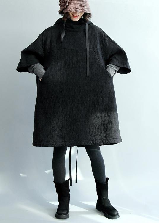 Art hooded pockets fall tunic pattern Tops black blouses - bagstylebliss