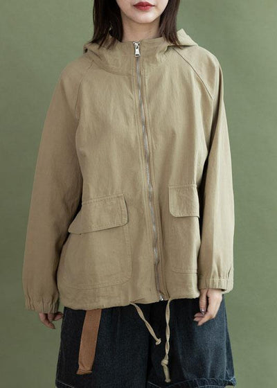 Art khaki drawstring Fashion clothes For Women design hooded fall short jackets - bagstylebliss