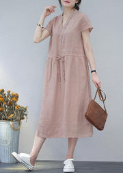 Art khaki linen clothes For Women v neck drawstring long summer Dresses - bagstylebliss