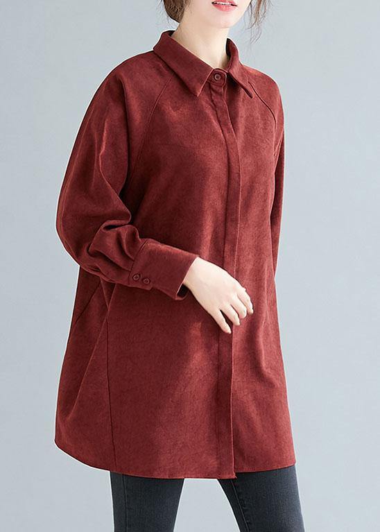 Art lapel Button cotton spring tunic top Cotton burgundy top - bagstylebliss