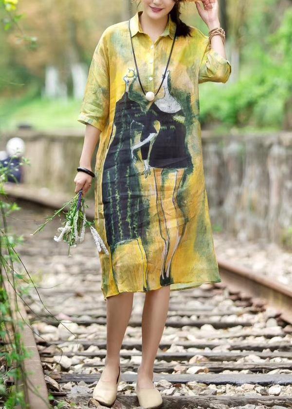 Art linen yellow Robes plus size Women Summer Casual Cute Printed Dress - bagstylebliss