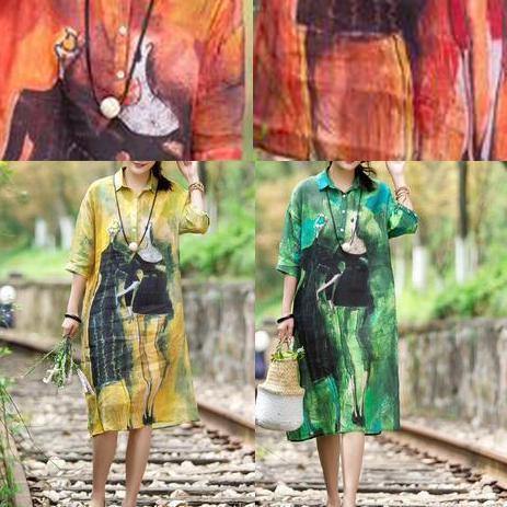 Art linen yellow Robes plus size Women Summer Casual Cute Printed Dress - bagstylebliss