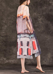 Art multicolor linen clothes For Women o neck side open shift summer Dress - bagstylebliss