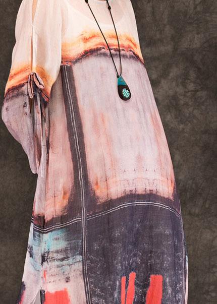 Art multicolor linen clothes For Women o neck side open shift summer Dress - bagstylebliss