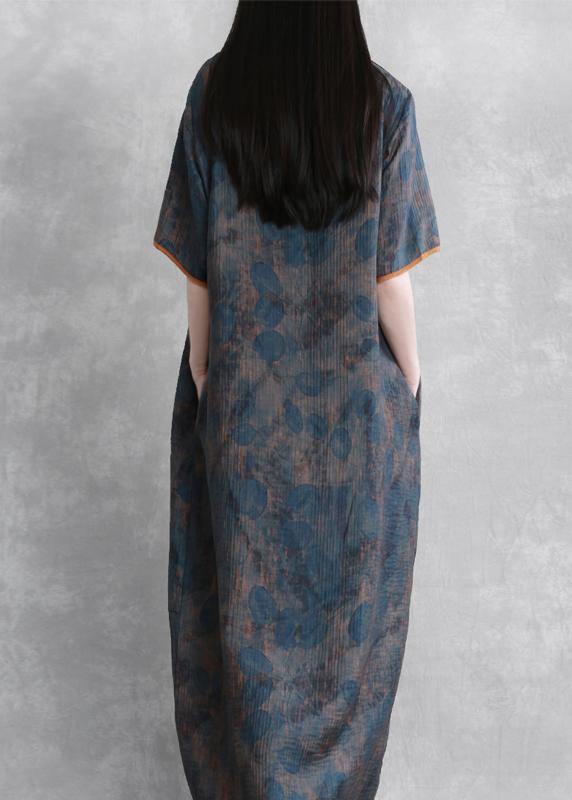 Art o neck Chinese Button Robes Neckline blue print Dress - bagstylebliss
