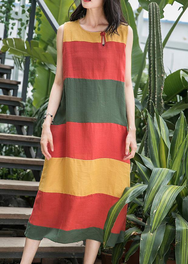 Art o neck Sleeveless linen clothes For Women Inspiration red striped Dress summer - bagstylebliss